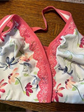 Cacique White Floral Bralette with Pink Lace Trim